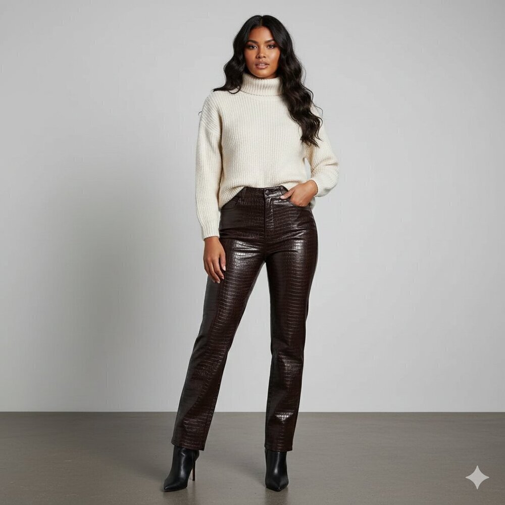 Dynamite women's brown faux leather high waisted reptile print pants 0